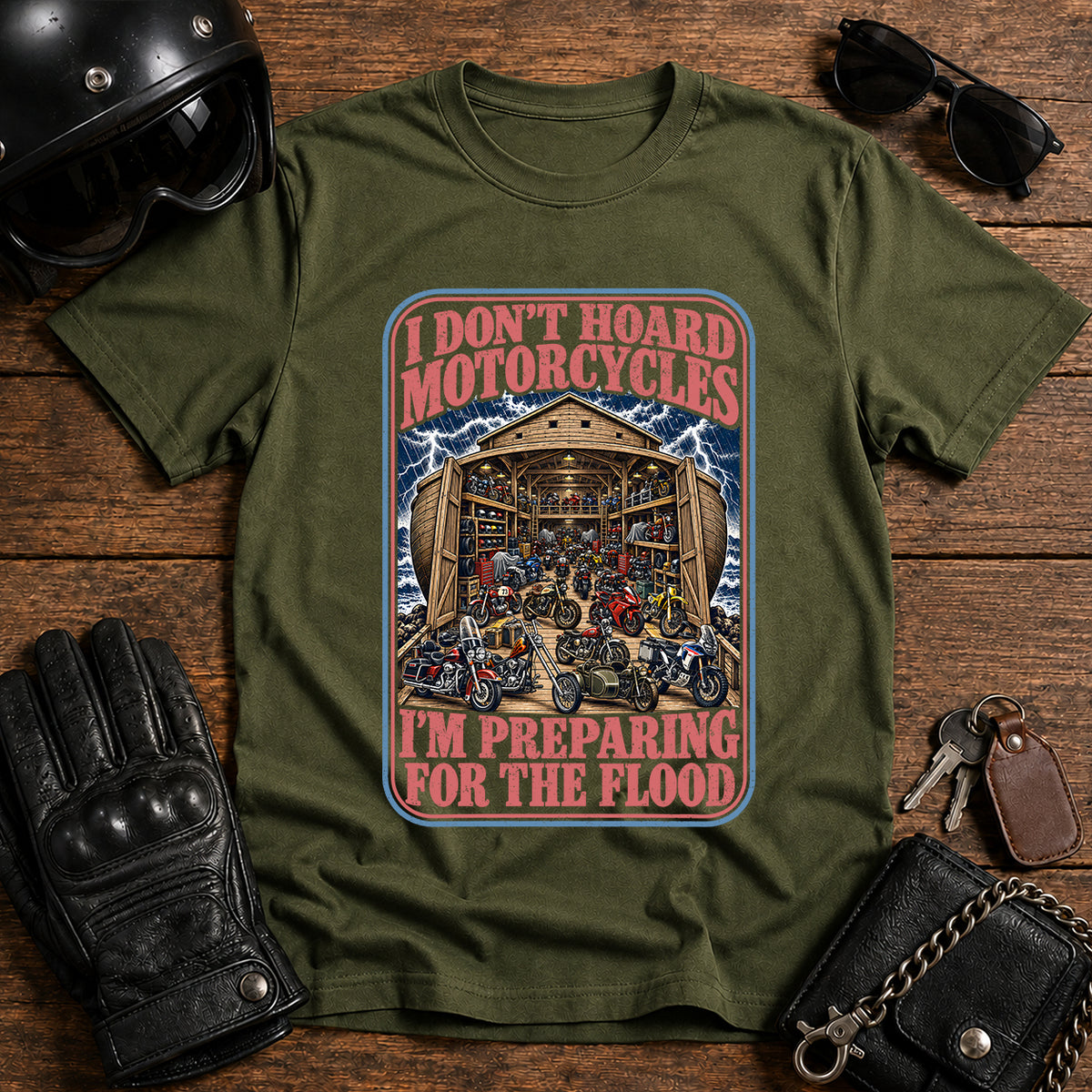 I Don't Hoard Motorcycles, I'm Preparing for the Flood" Vintage Garage Motorcycle Tee