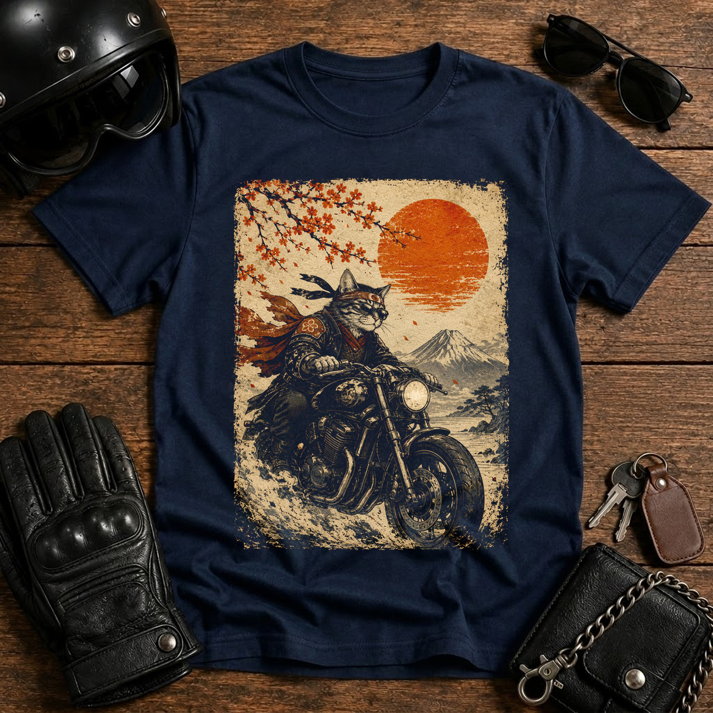 Kitsune Motorcycle Sunset Graphic Biker T-Shirt