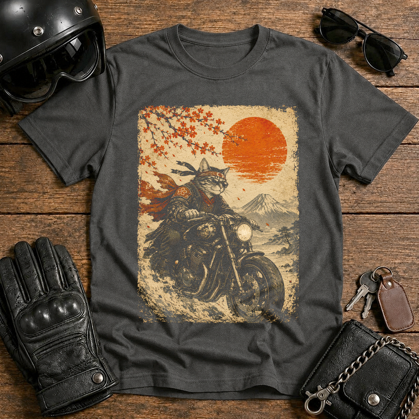 Kitsune Motorcycle Sunset Graphic Biker T-Shirt