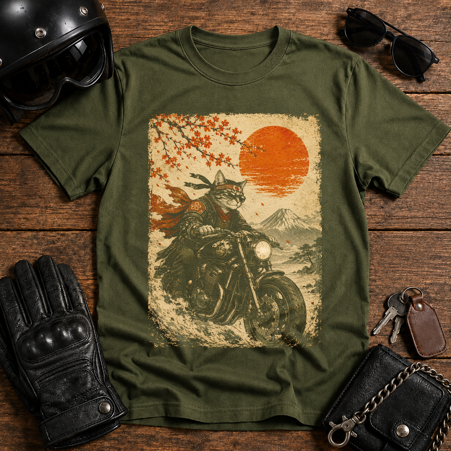 Kitsune Motorcycle Sunset Graphic Biker T-Shirt
