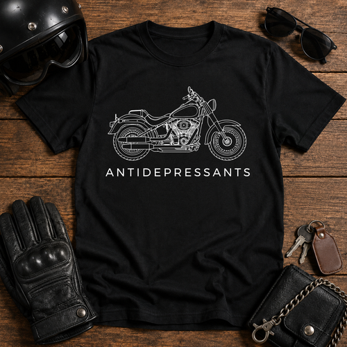 Vintage Bike Graphic with “ANTIDEPRESSANTS” Slogan T Shirt