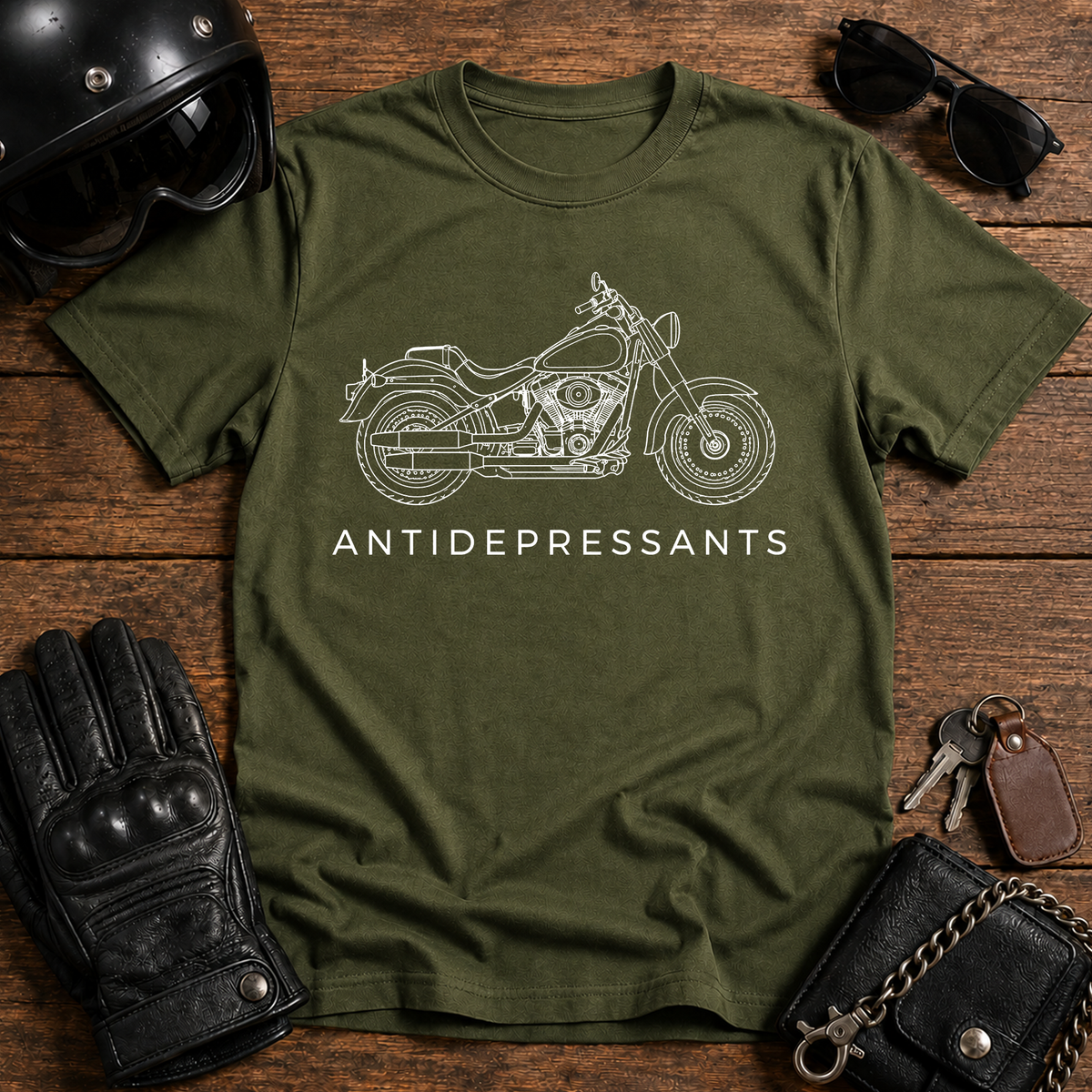 Vintage Bike Graphic with “ANTIDEPRESSANTS” Slogan T Shirt