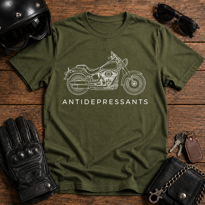 Vintage Bike Graphic with “ANTIDEPRESSANTS” Slogan T Shirt