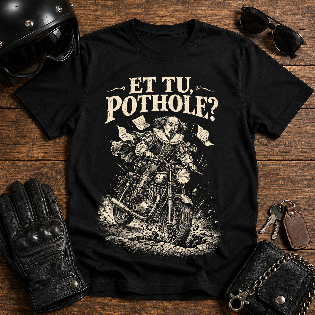 “Et Tu, Pothole?” Vintage Motorcycle Humor Tee