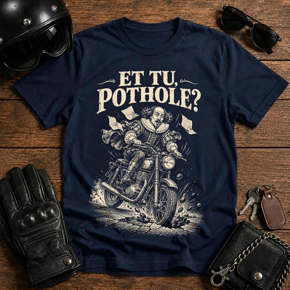 “Et Tu, Pothole?” Vintage Motorcycle Humor Tee