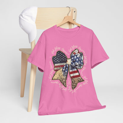 Patriotic Bow T-Shirt – American Flag & Leopard Print Fourth of July Tee