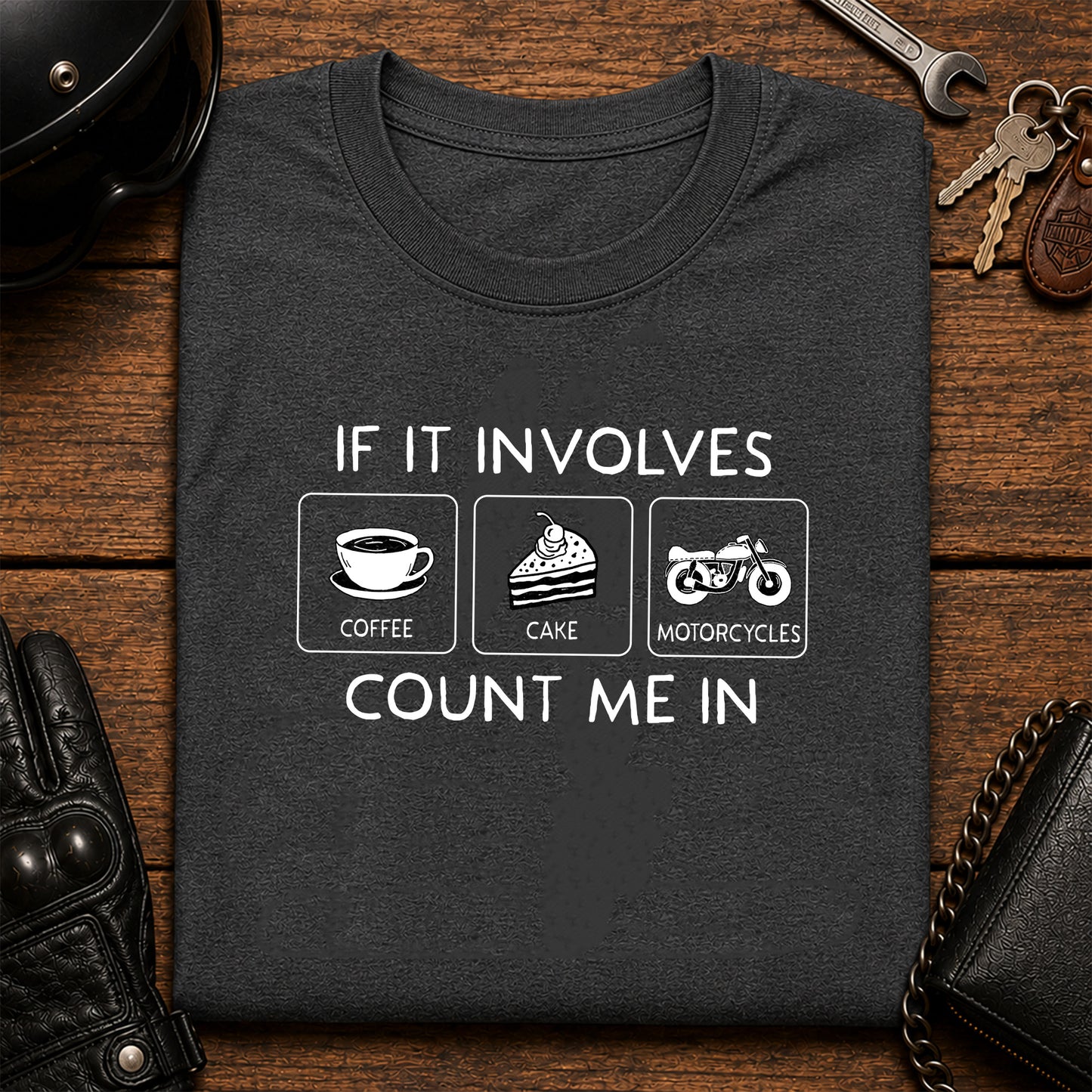 If It Involves Coffee Cake Motorcycle Count Me In T-Shirt