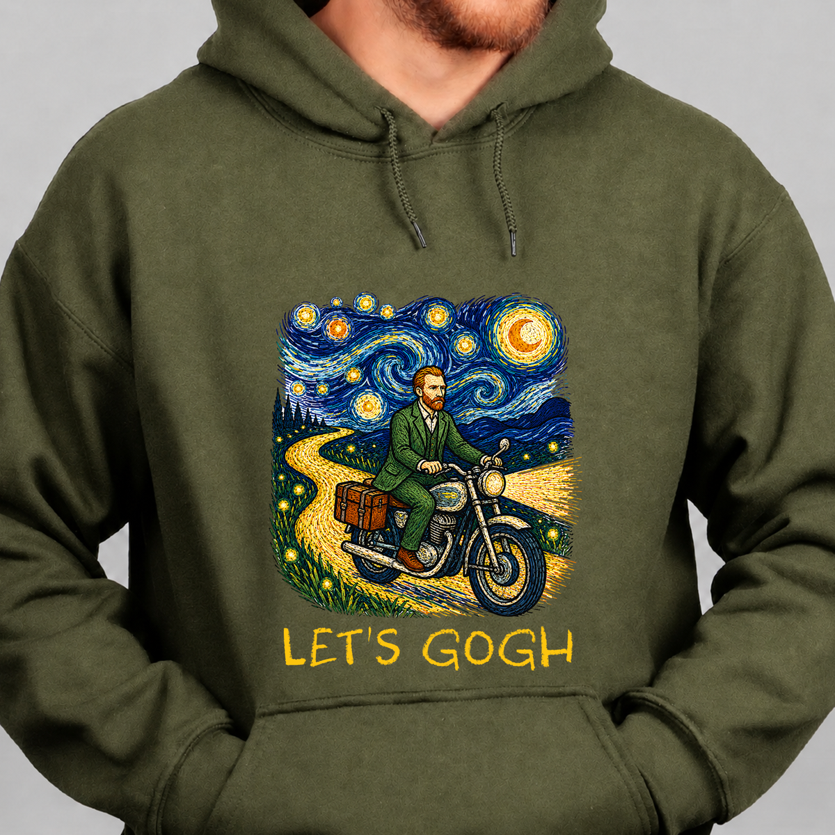 Let's Gogh Hoodie — Van Gogh Starry Night Motorcycle Sweatshirt
