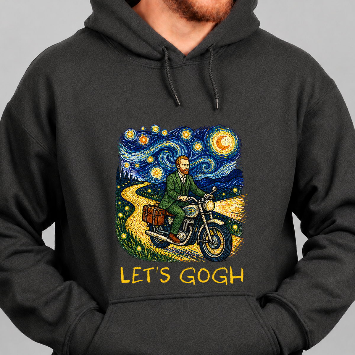 Let's Gogh Hoodie — Van Gogh Starry Night Motorcycle Sweatshirt