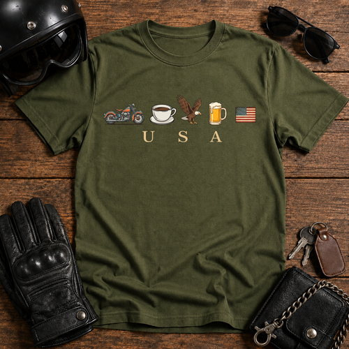 Motorcycle, Coffee, Eagle & Beer Patriotic Tee T-Shirt