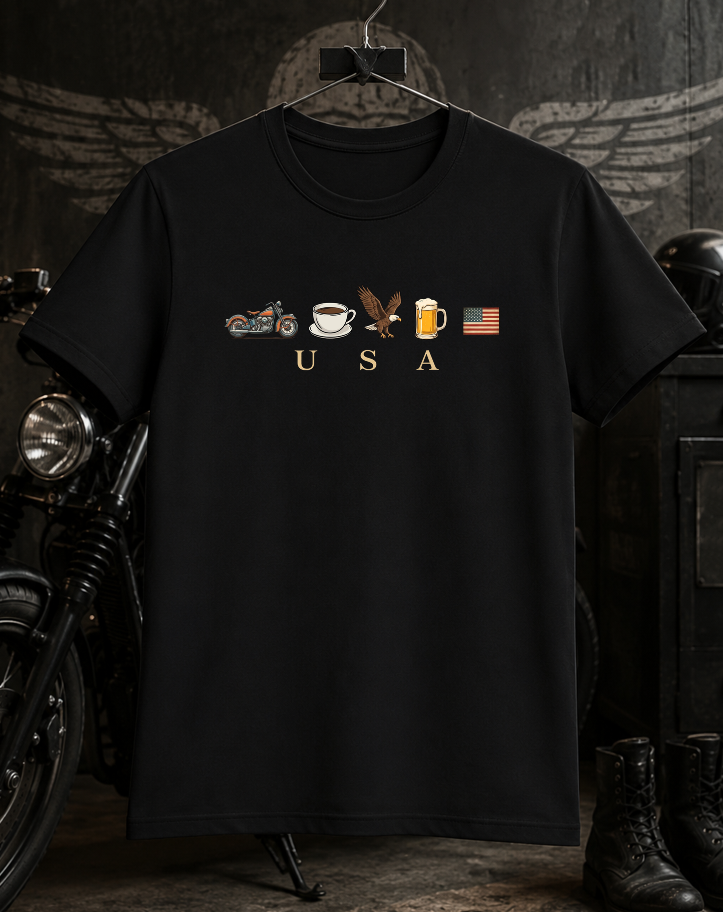 Motorcycle, Coffee, Eagle & Beer Patriotic Tee T-Shirt