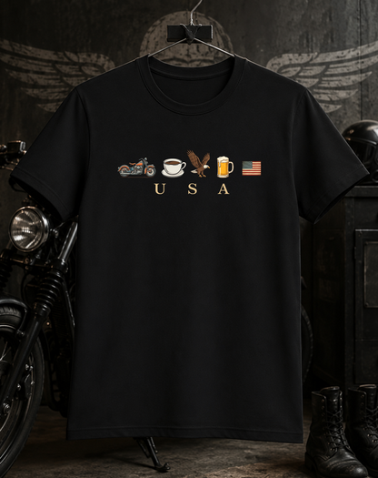 Motorcycle, Coffee, Eagle & Beer Patriotic Tee T-Shirt
